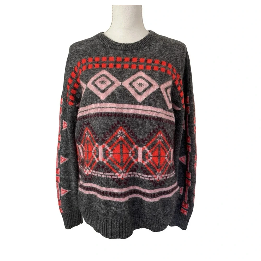 J Crew Womens Fair Isle Wool‎ Mohair Blend Sweater Size L Gray Nordic Preppy